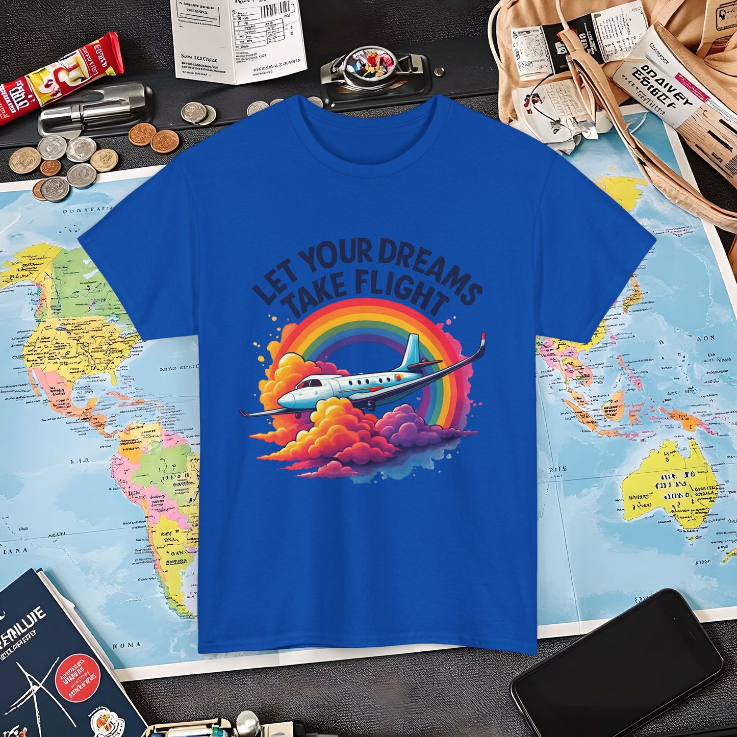 Let Your Dreams Take Flight T-Shirt – Airplane with Rainbow Trail Design Air Travel T-Shirts | Jetsetter, Airport, and International Flight Tees