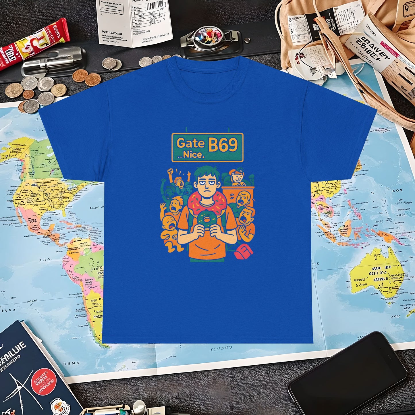 Gate B69 Deadpan Traveler T-Shirt — Chill at Chaotic Airport Terminal Layover Tee Air Travel T-Shirts | Jetsetter, Airport, and International Flight Tees