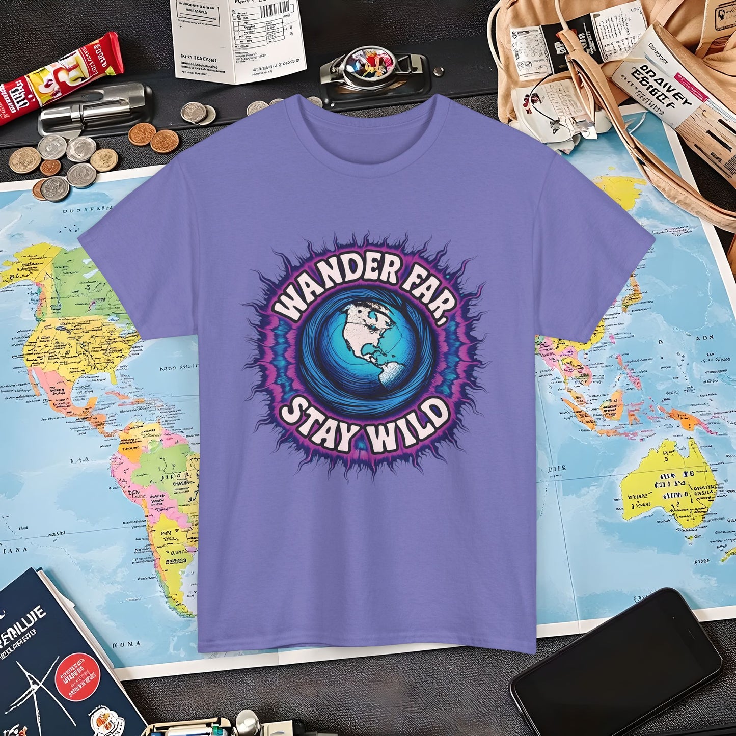 Wander Far, Stay Wild T-Shirt – Globe Burst Adventure Design Air Travel T-Shirts | Jetsetter, Airport, and International Flight Tees