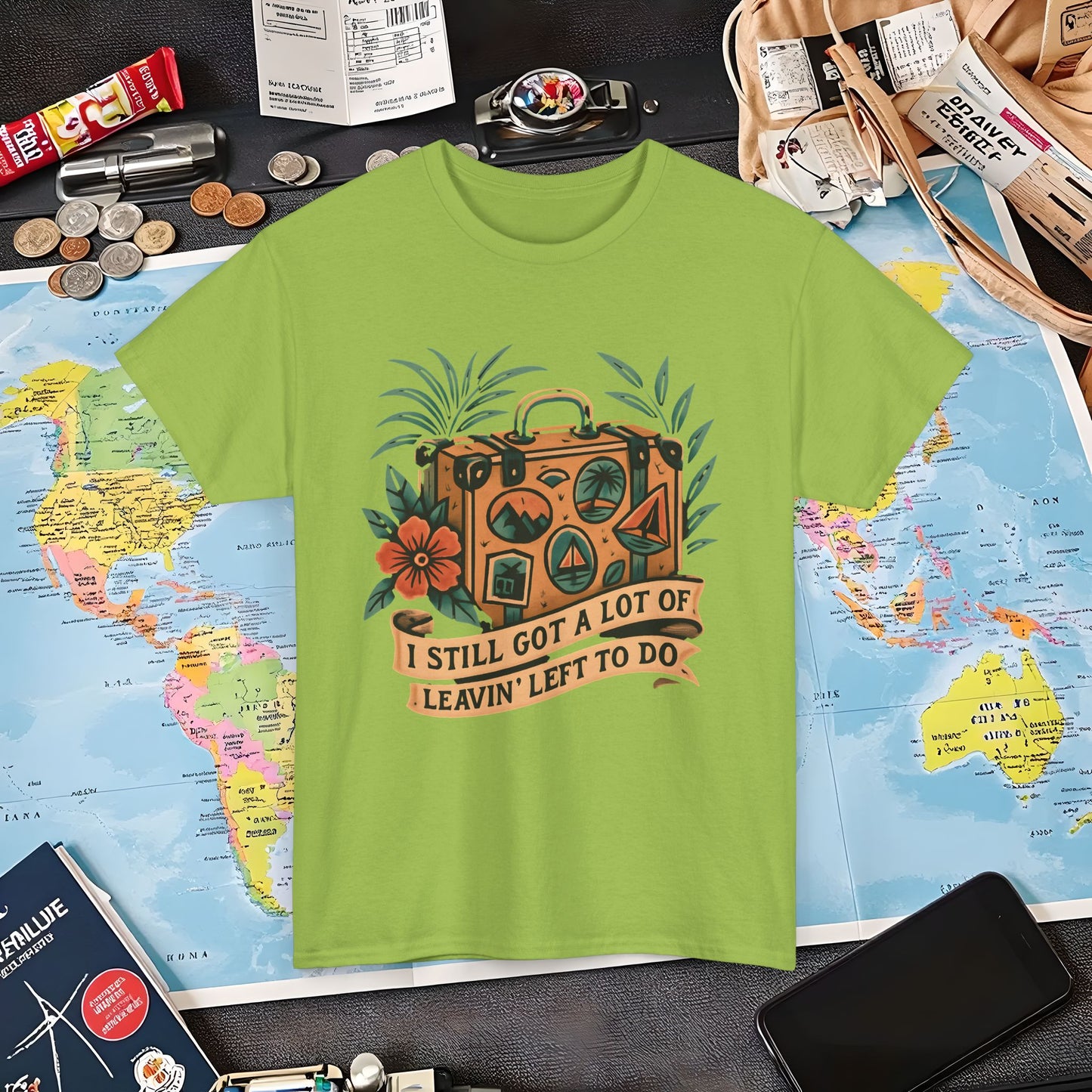 I Still Got a Lot of Leavin’ Left to Do T-Shirt – Vintage Suitcase with Tropical Travel Vibes
