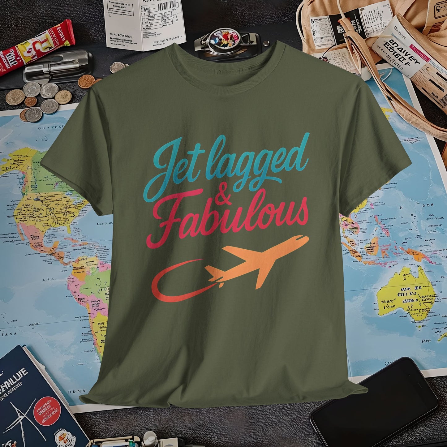 Jet Lagged and Fabulous T-Shirt – Neon Retro Airplane Travel Tee for Frequent Flyers & Stylish Globetrotters Air Travel T-Shirts | Jetsetter, Airport, and International Flight Tees