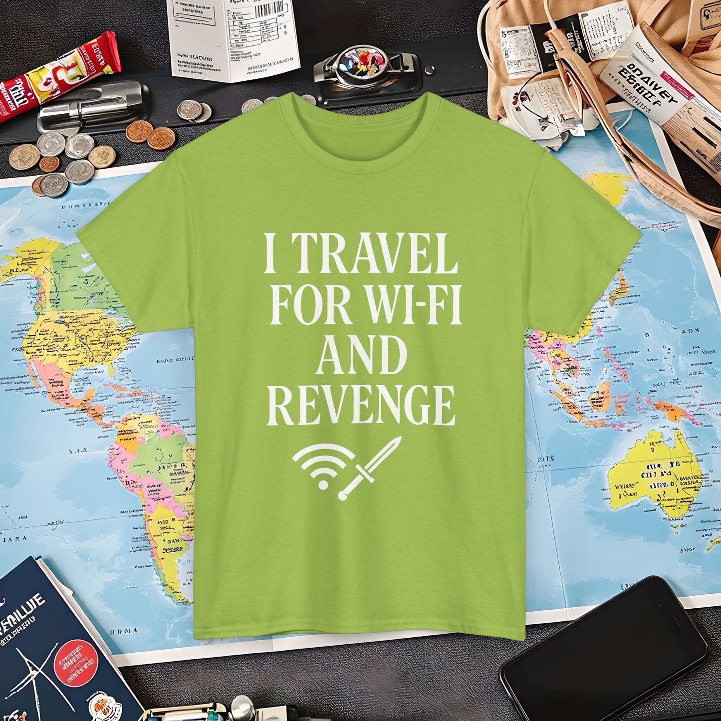 I Travel for WiFi and Revenge – Bold Quote Tee with Dagger Icon Air Travel T-Shirts | Jetsetter, Airport, and International Flight Tees