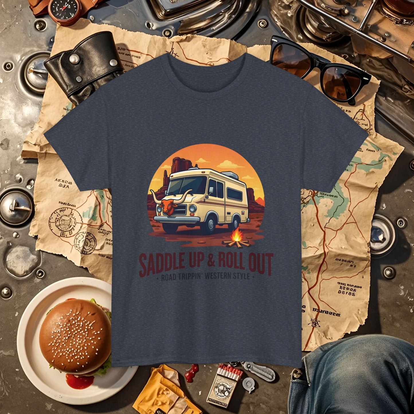 Saddle Up and Roll out Road Trip & Vehicle Travel T-Shirts | Car, RV, and Motorcycle Adventure Tees