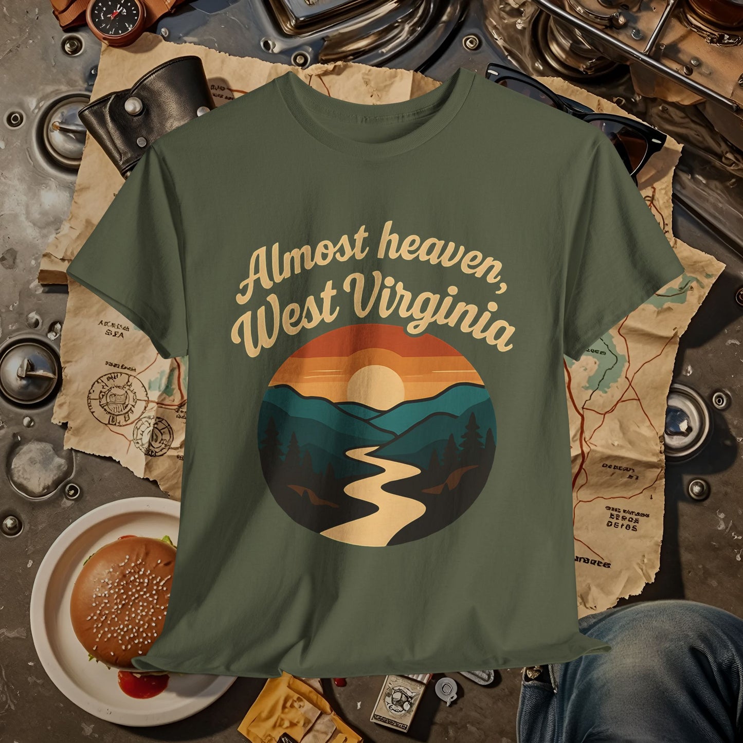 Almost Heaven, West Virginia T-Shirt – Vintage Appalachian Sunset with Winding River Road Trip & Vehicle Travel T-Shirts | Car, RV, and Motorcycle Adventure Tees