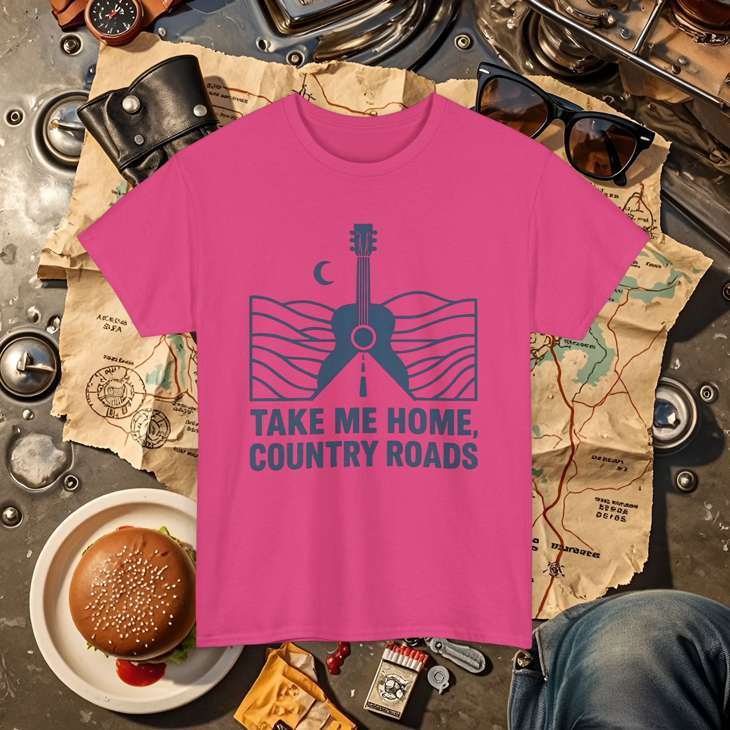 Take Me Home, Country Roads T-Shirt – Guitar Horizon & Open Highway Design Road Trip & Vehicle Travel T-Shirts | Car, RV, and Motorcycle Adventure Tees