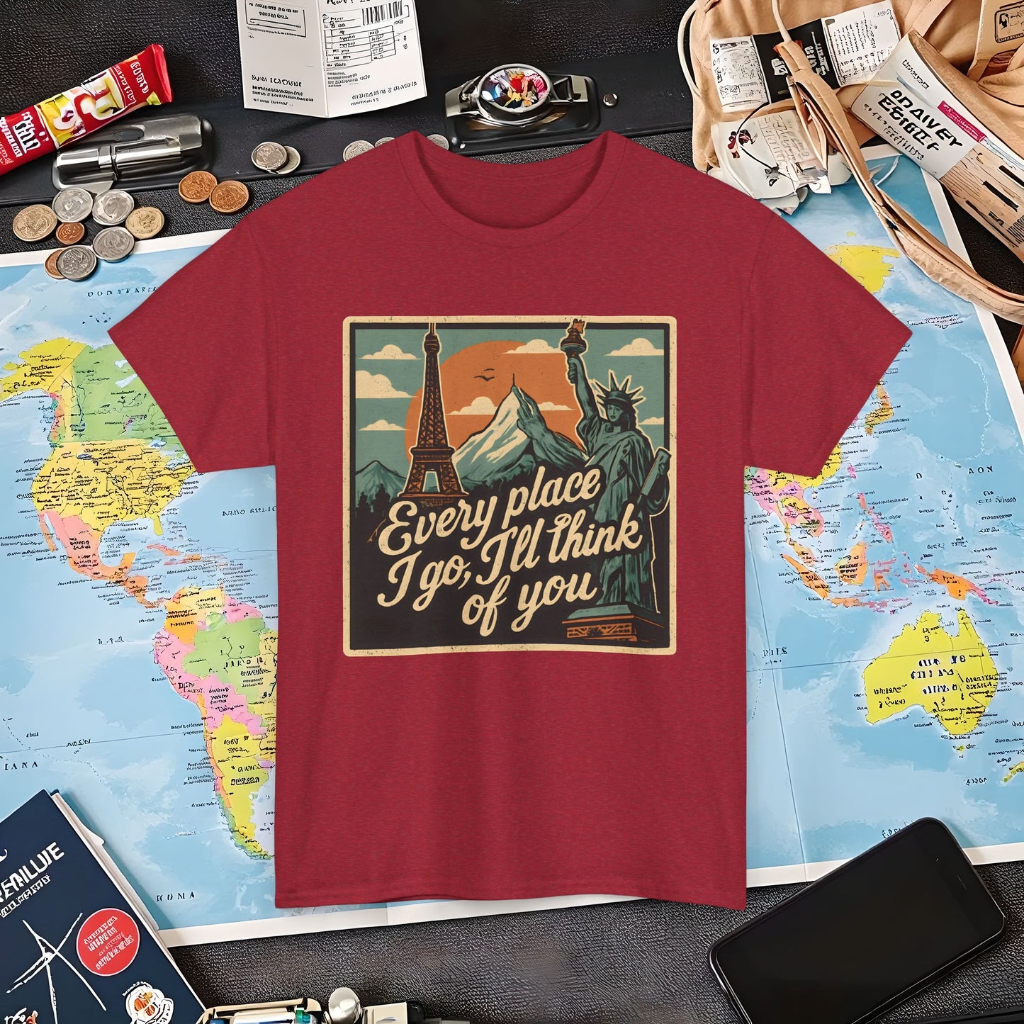 Every Place I Go, I’ll Think of You T-Shirt – Vintage Postcard Travel Collage with Iconic Landmarks Air Travel T-Shirts | Jetsetter, Airport, and International Flight Tees