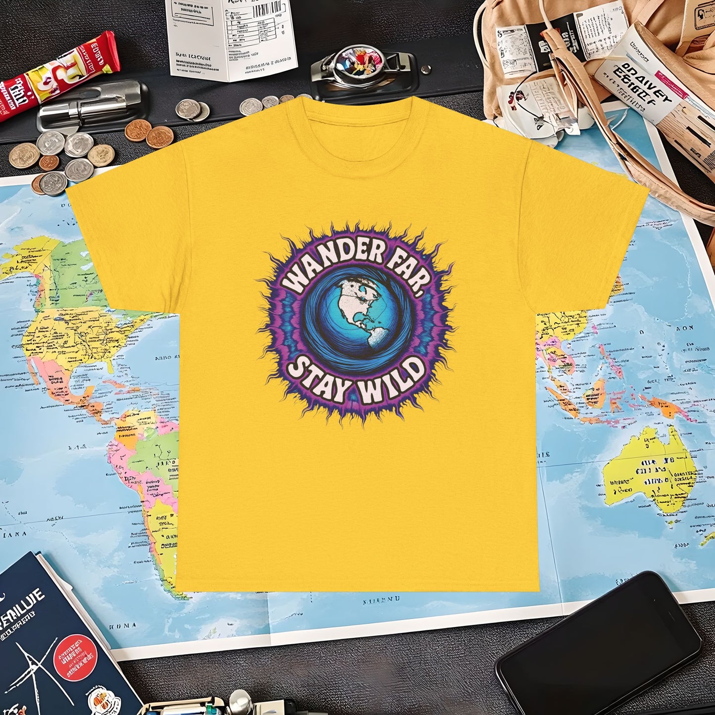 Wander Far, Stay Wild T-Shirt – Globe Burst Adventure Design Air Travel T-Shirts | Jetsetter, Airport, and International Flight Tees