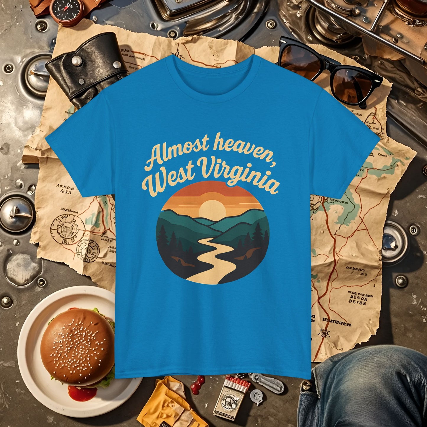 Almost Heaven, West Virginia T-Shirt – Vintage Appalachian Sunset with Winding River Road Trip & Vehicle Travel T-Shirts | Car, RV, and Motorcycle Adventure Tees