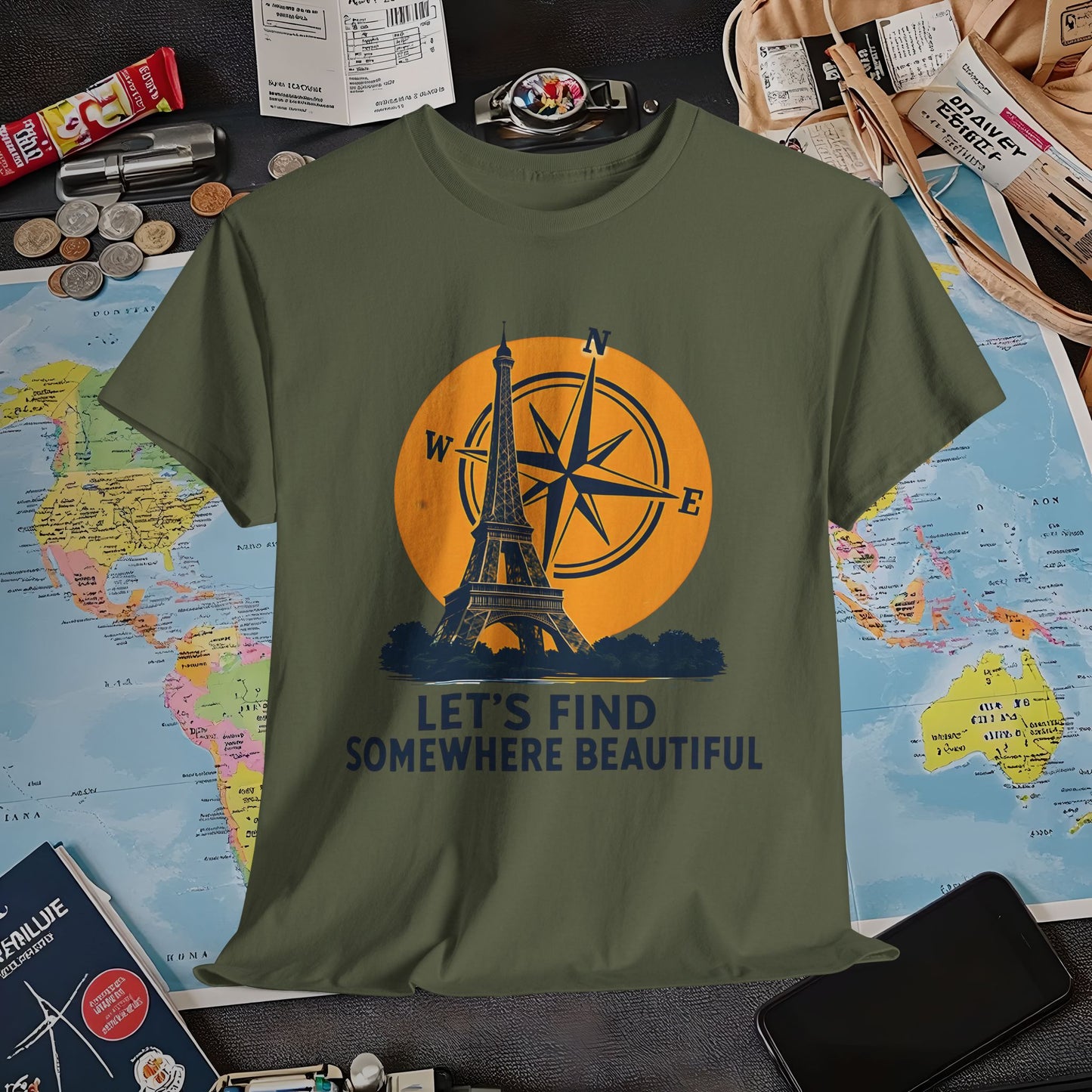 Eiffel Tower and Compass T-Shirt – Let’s Find Somewhere Beautiful Adventure Design Air Travel T-Shirts | Jetsetter, Airport, and International Flight Tees