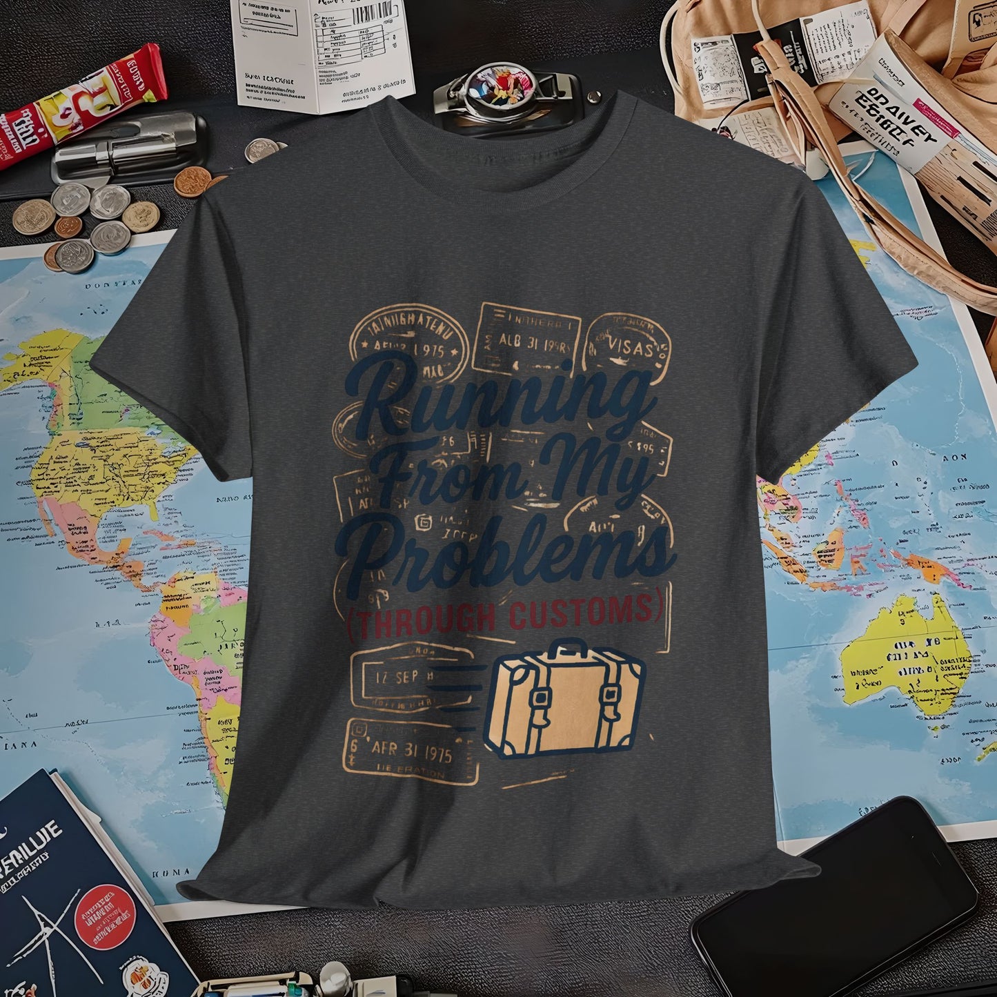 Running From My Problems Through Customs – Vintage Travel Quote Tee with Passport Stamps Air Travel T-Shirts | Jetsetter, Airport, and International Flight Tees