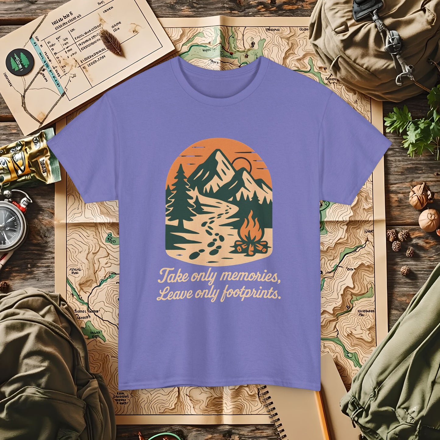Take Only Memories, Leave Only Footprints — Sunset Mountain Trail Adventure Badge T-Shirt | Camping, Hiking, Rafting & Kayaking Tees for Nature Lovers