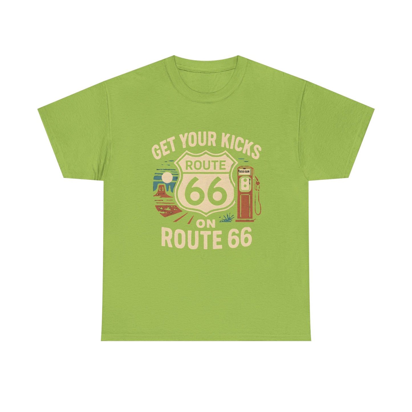 Get Your Kicks on Route 66 T-Shirt – Vintage Desert Scene with Classic Gas Pump & Roadside Vibes Road Trip & Vehicle Travel T-Shirts | Car, RV, and Motorcycle Adventure Tees