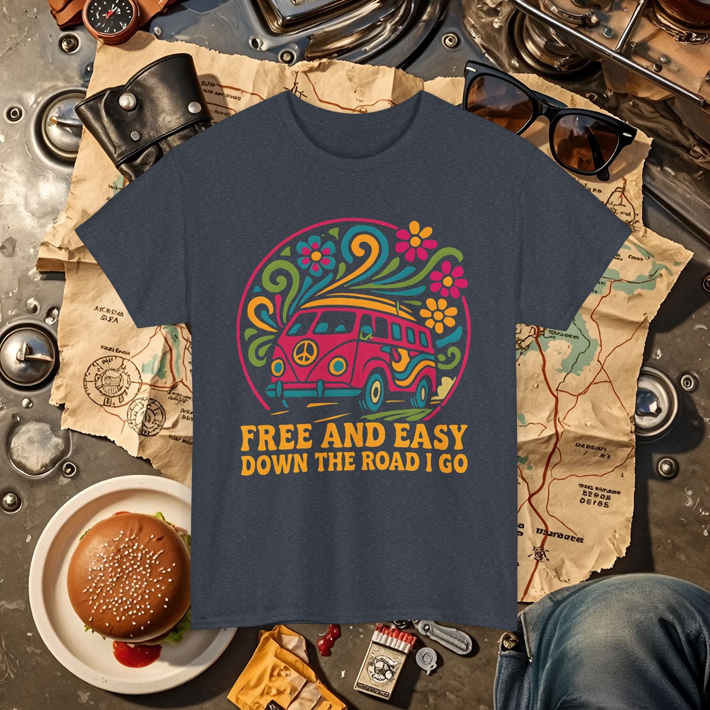 Free and Easy T-Shirt – Retro Hippie Van with Floral Freedom Vibes