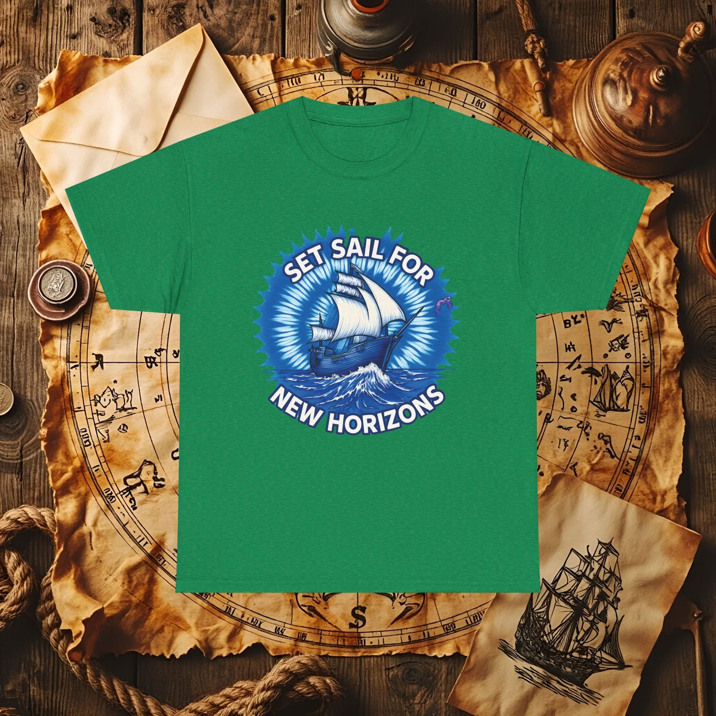 Set Sail for New Horizons T-Shirt – Old Tall Ship on Rough Water Design | Funny & Stylish Tees for Ocean Adventures