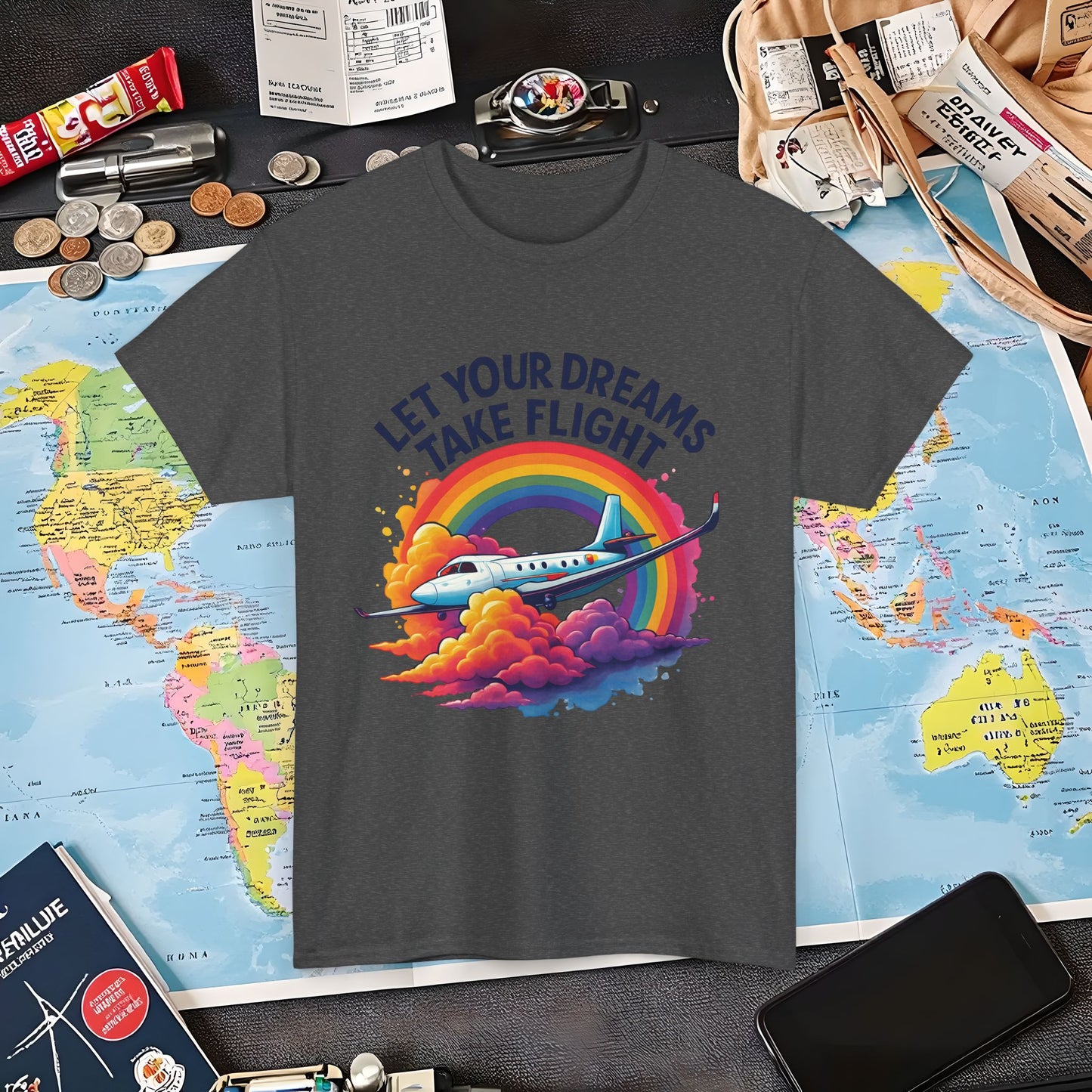 Let Your Dreams Take Flight T-Shirt – Airplane with Rainbow Trail Design Air Travel T-Shirts | Jetsetter, Airport, and International Flight Tees