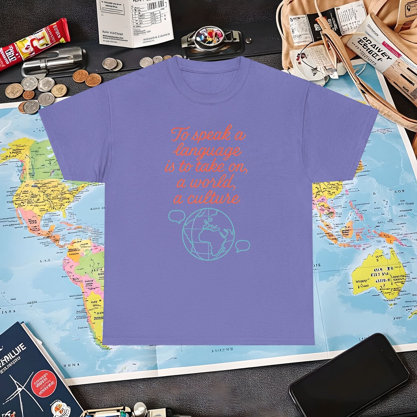 To Speak a Language Is to Take on a World – Cultural Connection Tee with Globe & Speech Bubbles | Layover Club Air Travel T-Shirts | Jetsetter, Airport, and International Flight Tees