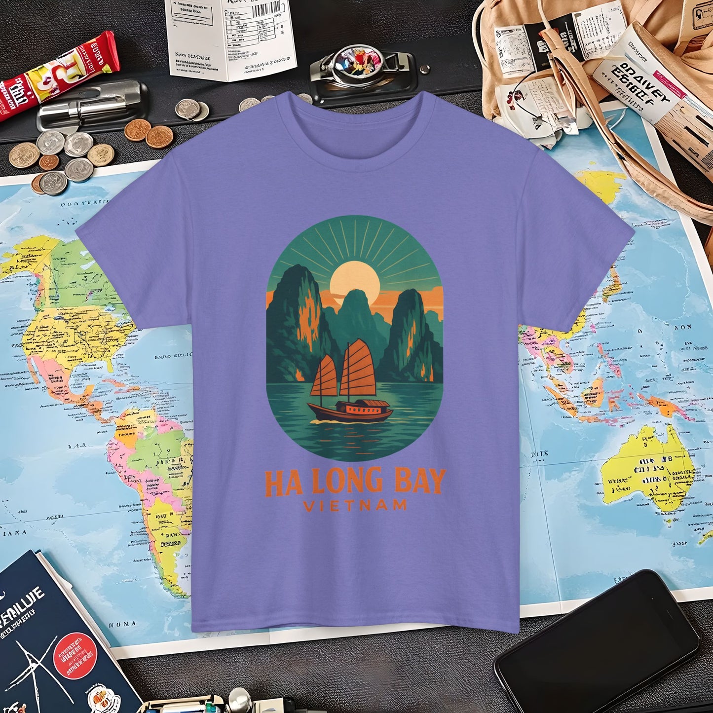Ha Long Bay Vietnam T-Shirt – Art Deco Junk Boat Travel Shirt for Southeast Asia Lovers Air Travel T-Shirts | Jetsetter, Airport, and International Flight Tees