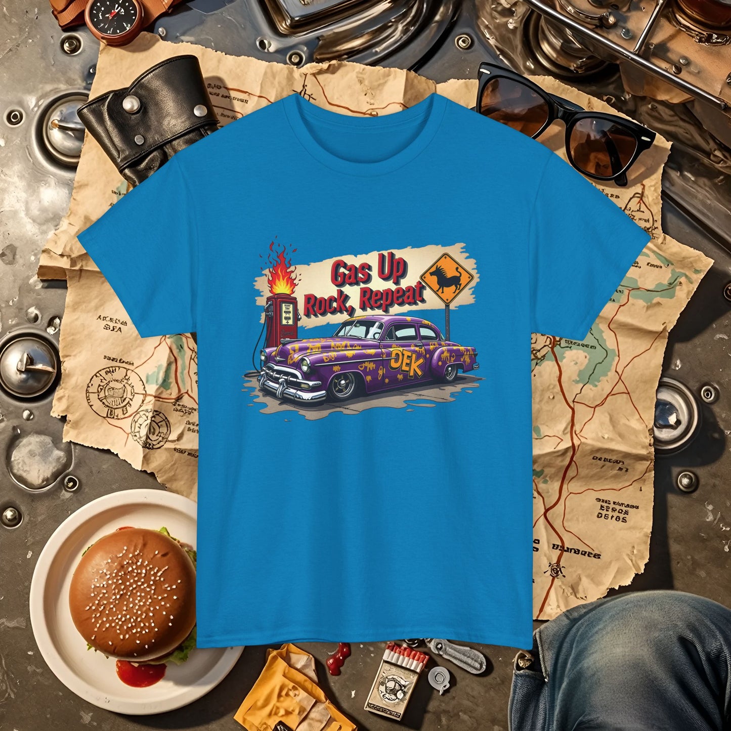 Gas Up, Rock and Repeat Road Trip & Vehicle Travel T-Shirts | Car, RV, and Motorcycle Adventure Tees