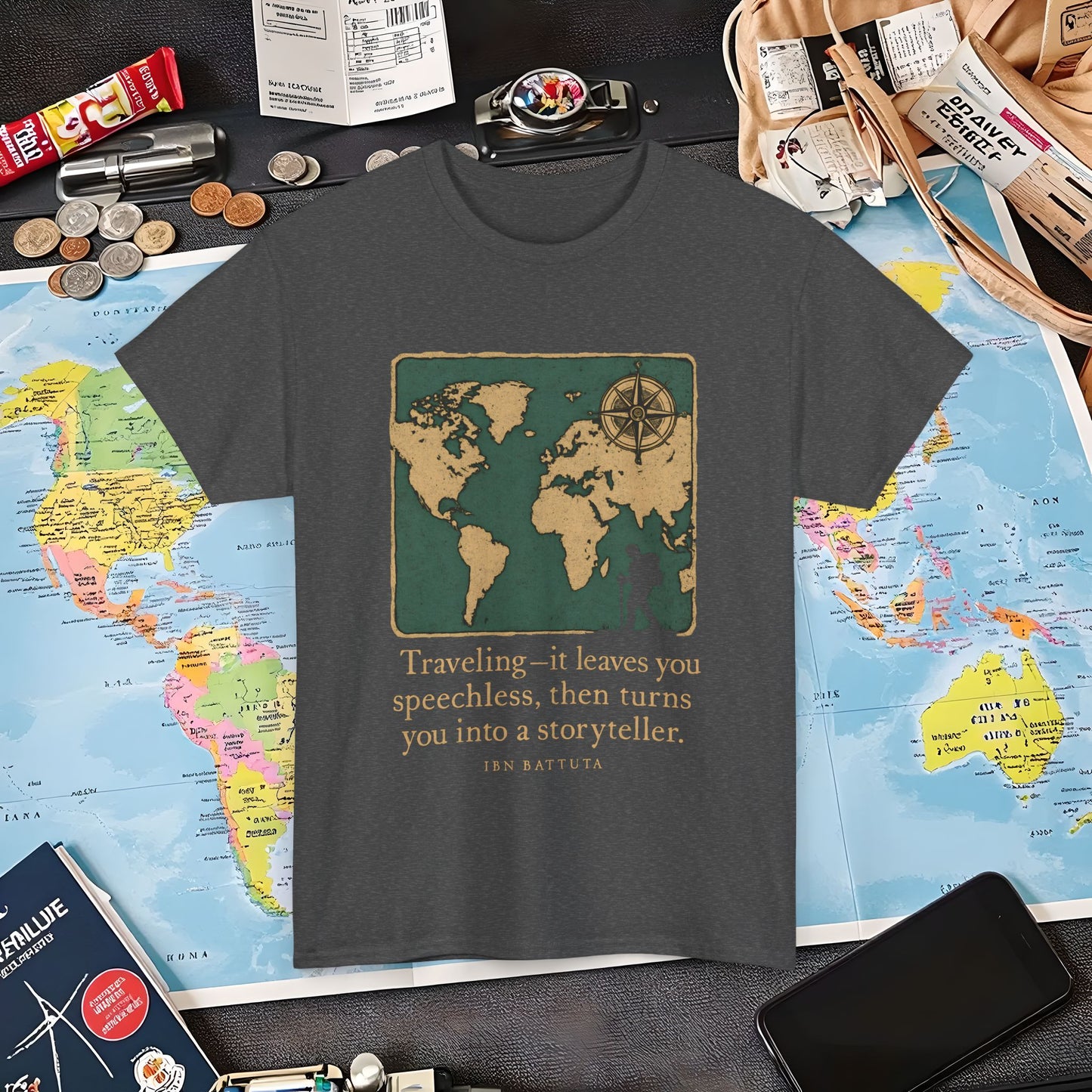 Speechless to Storyteller – Vintage Map Wanderlust Quote Tee Air Travel T-Shirts | Jetsetter, Airport, and International Flight Tees
