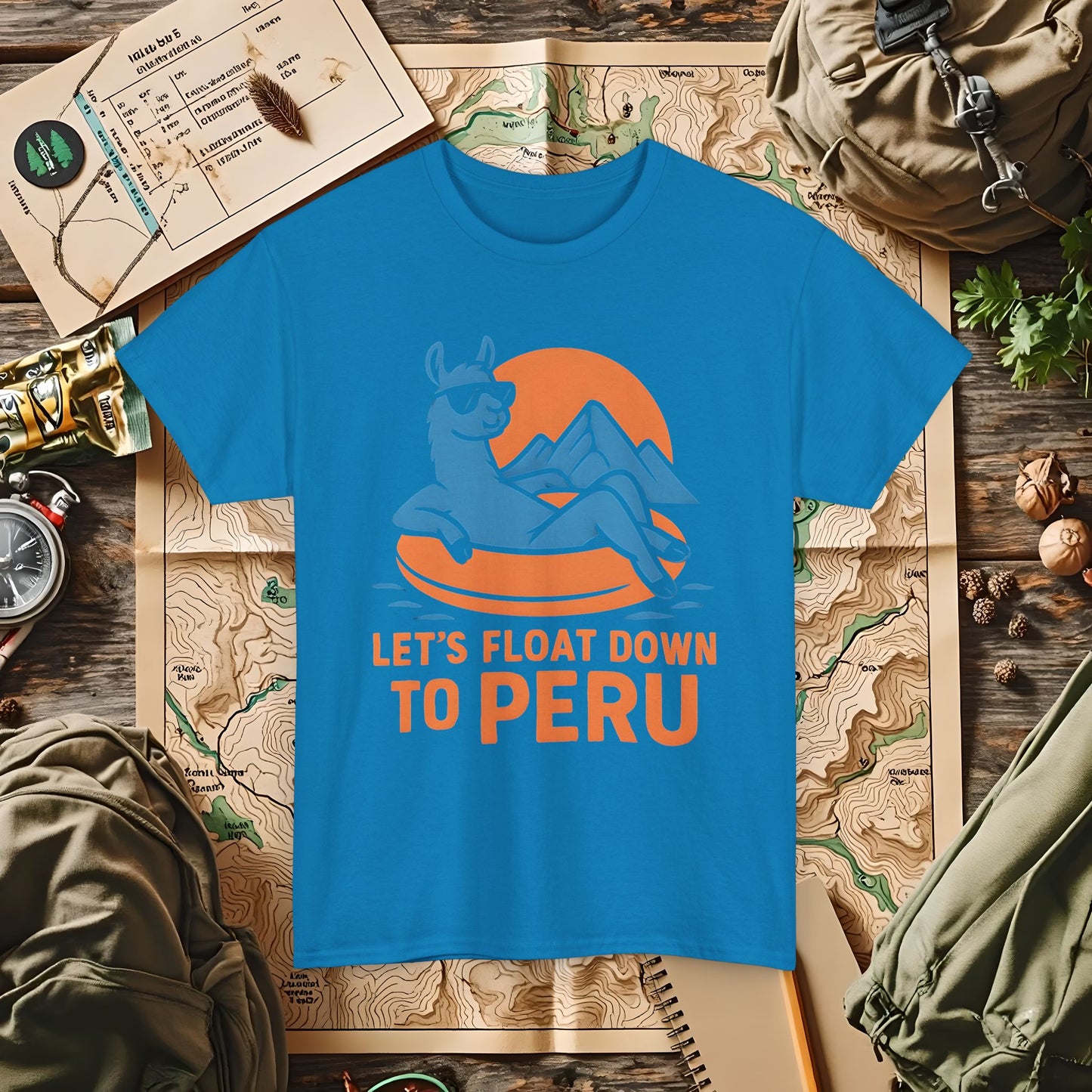 Let’s Float Down to Peru T-Shirt – Chill Llama on Inner Tube and Andes Sunset Outdoor Adventure T-Shirts | Camping, Hiking, Rafting & Kayaking Tees for Nature Lovers