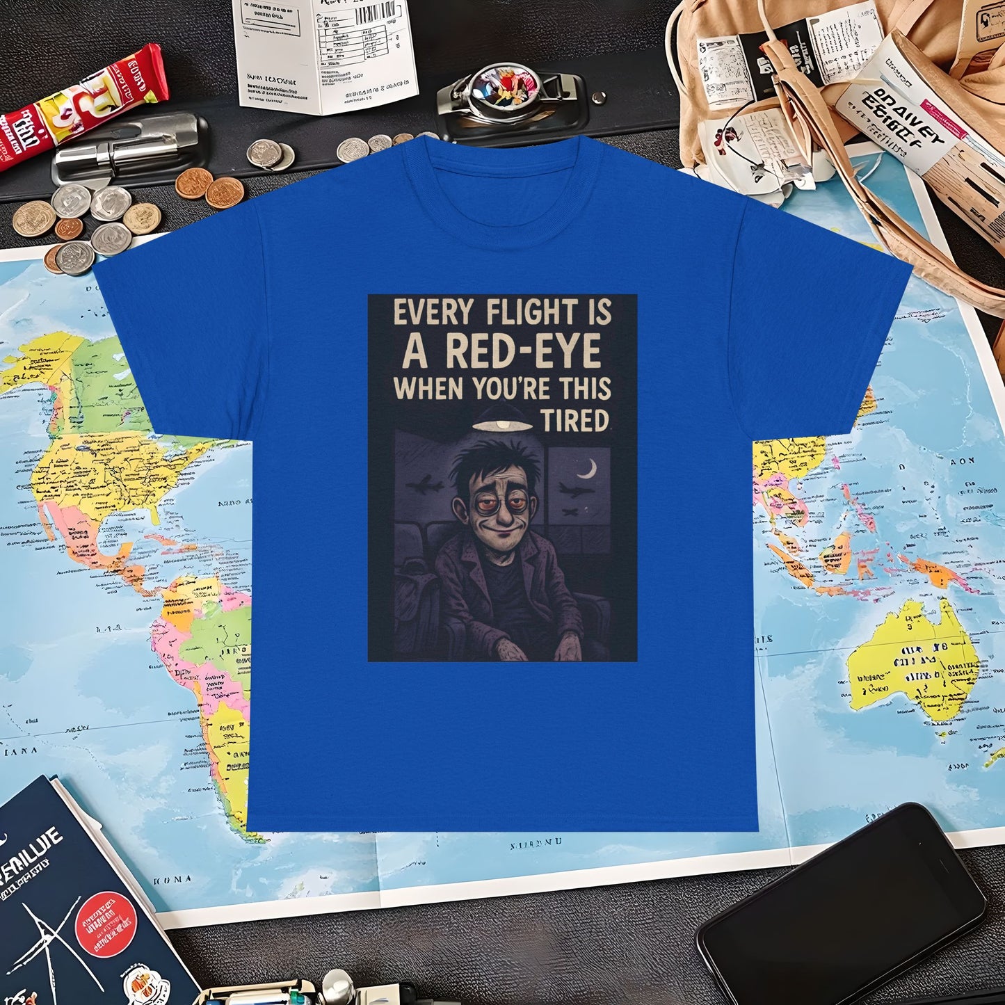 Every Flight Is a Red Eye Tee – Exhausted Traveler Comic Noir Shirt Air Travel T-Shirts | Jetsetter, Airport, and International Flight Tees