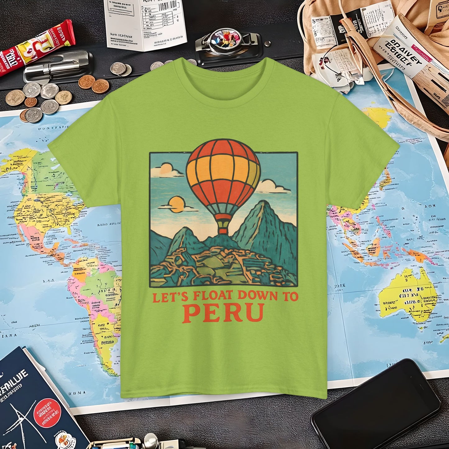 Let’s Float Down to Peru T-Shirt – Vintage Hot-Air Balloon Over Machu Picchu Design Air Travel T-Shirts | Jetsetter, Airport, and International Flight Tees