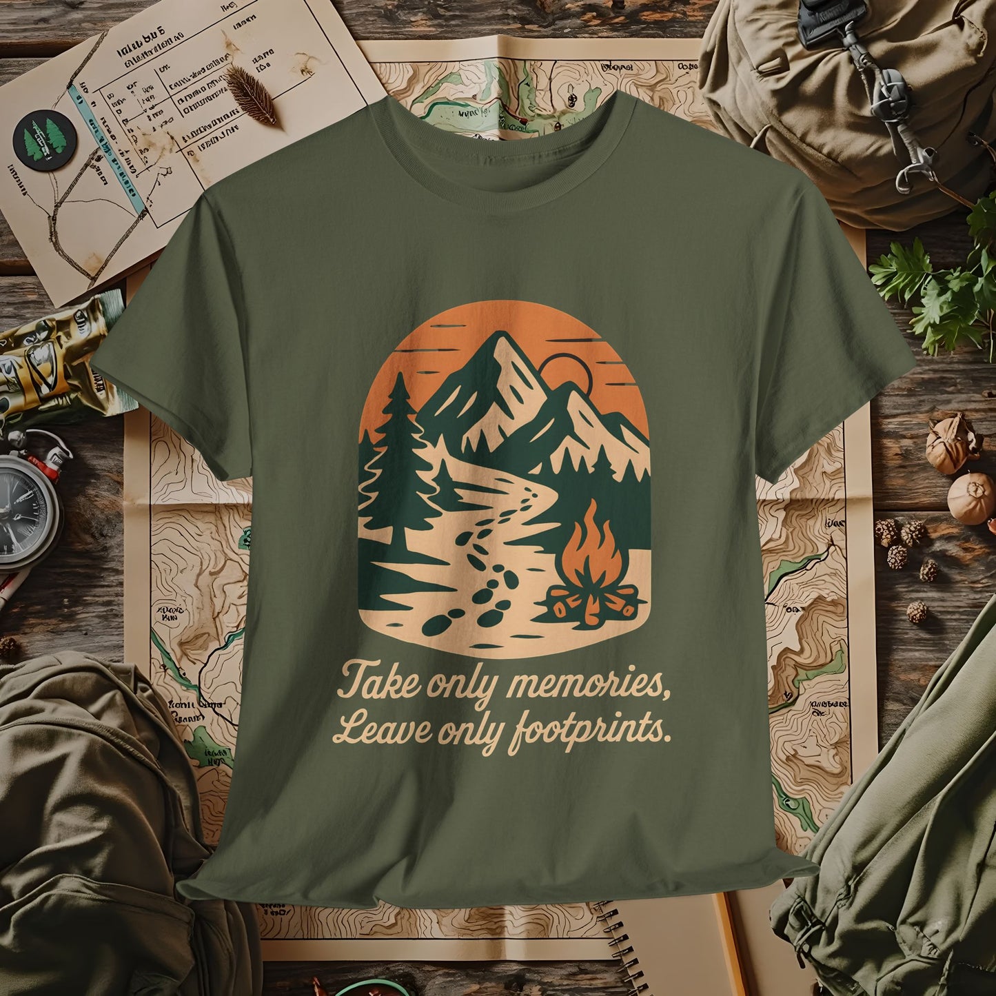 Take Only Memories, Leave Only Footprints — Sunset Mountain Trail Adventure Badge T-Shirt | Camping, Hiking, Rafting & Kayaking Tees for Nature Lovers