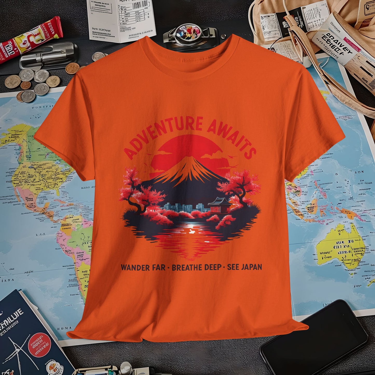 Adventure Awaits – Wander Far, Breathe Deep, See Japan T-Shirt – Scenic Mountain Escape Design Air Travel T-Shirts | Jetsetter, Airport, and International Flight Tees
