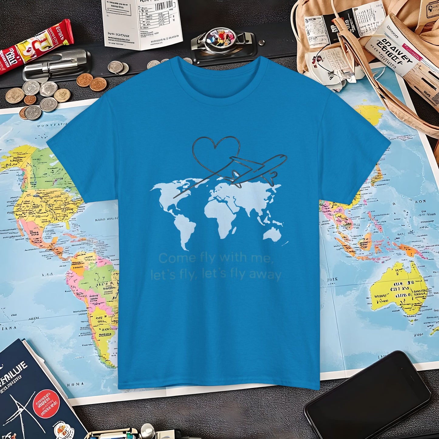 Come Fly With Me T-Shirt – Heart-Loop Airplane Over World Map Design Air Travel T-Shirts | Jetsetter, Airport, and International Flight Tees