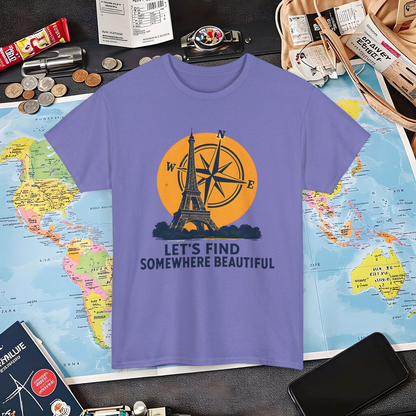 Eiffel Tower and Compass T-Shirt – Let’s Find Somewhere Beautiful Adventure Design Air Travel T-Shirts | Jetsetter, Airport, and International Flight Tees