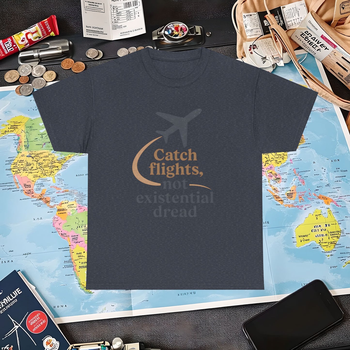 Catch Flights Not Existential Dread Tee – Minimalist Airplane Silhouette Quote Shirt Air Travel T-Shirts | Jetsetter, Airport, and International Flight Tees