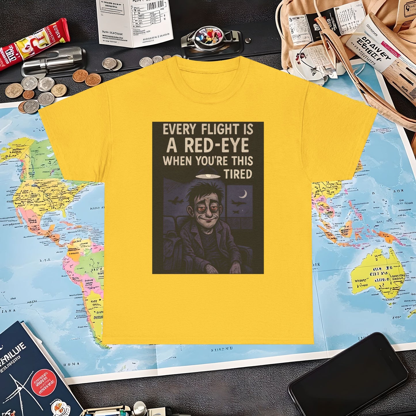 Every Flight Is a Red Eye Tee – Exhausted Traveler Comic Noir Shirt Air Travel T-Shirts | Jetsetter, Airport, and International Flight Tees