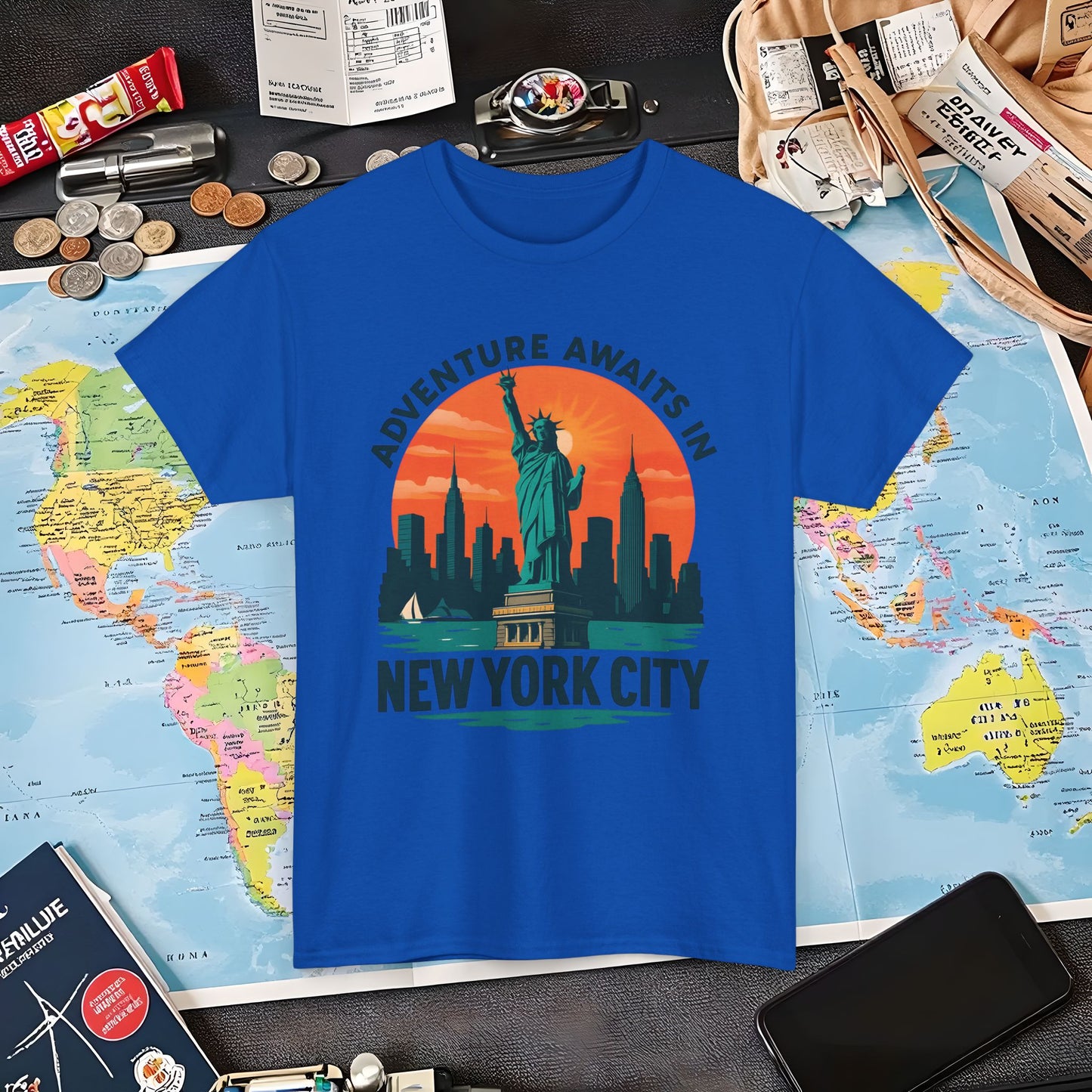 Adventure Awaits in New York City T-Shirt – Sunset Skyline with Statue of Liberty Design Air Travel T-Shirts | Jetsetter, Airport, and International Flight Tees