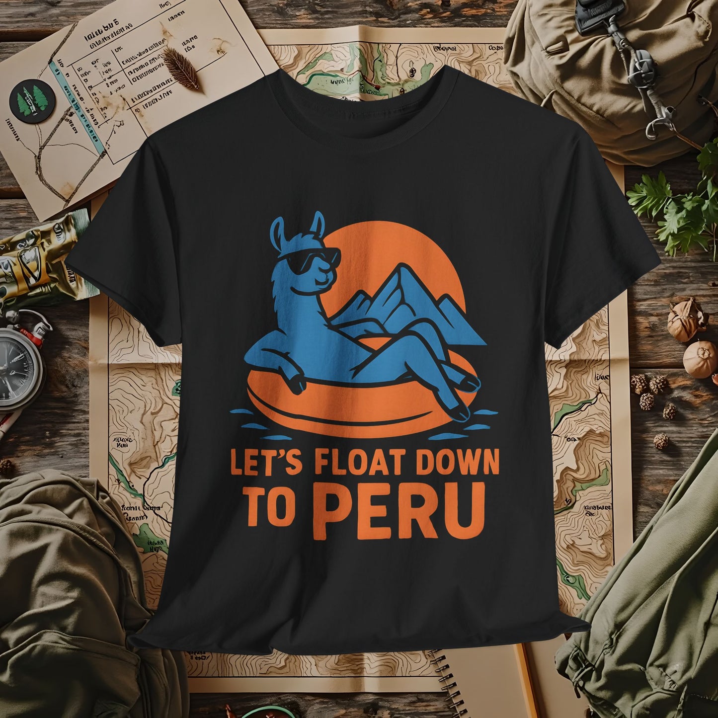 Let’s Float Down to Peru T-Shirt – Chill Llama on Inner Tube and Andes Sunset Outdoor Adventure T-Shirts | Camping, Hiking, Rafting & Kayaking Tees for Nature Lovers