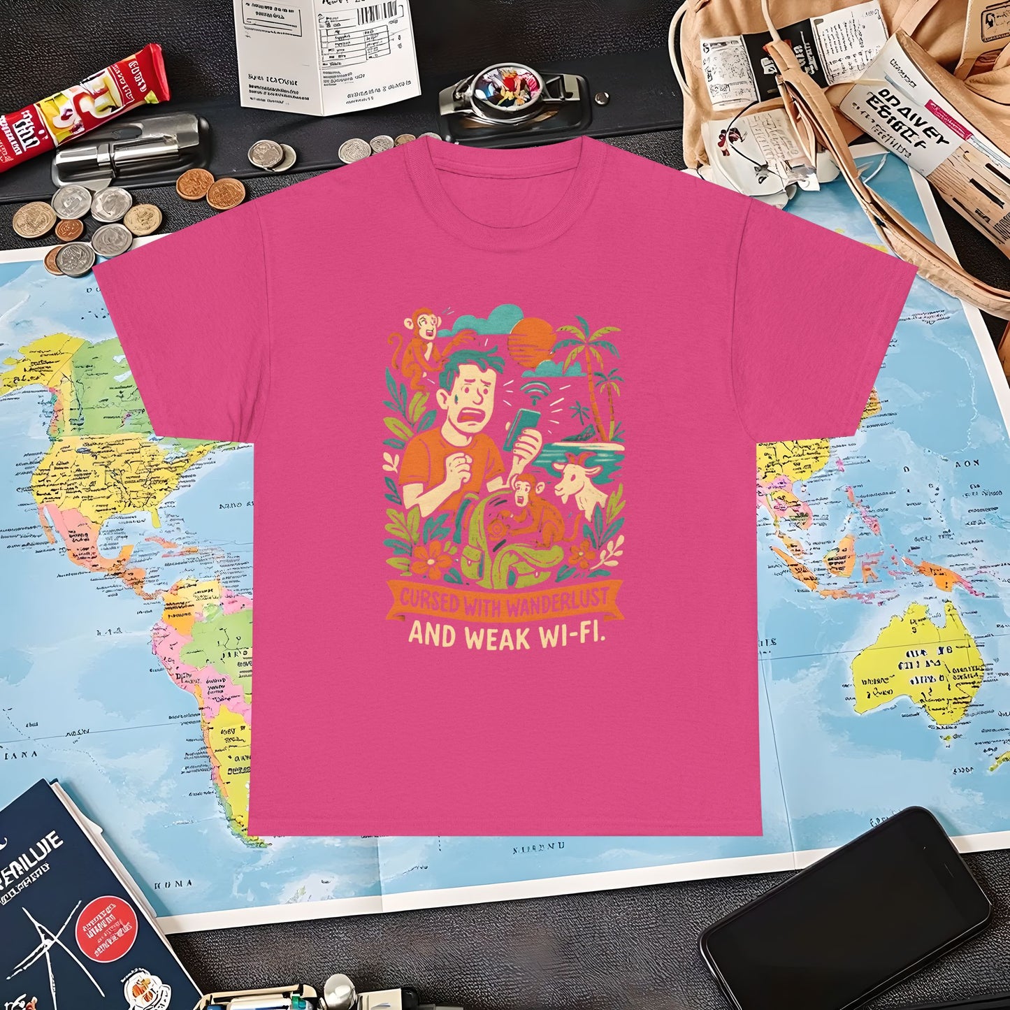Cursed with Wanderlust and Weak Wi-Fi – Funny Tropical Traveler Frustration Tee Travel T-Shirts | Jetsetter, Airport, and International Flight Tees