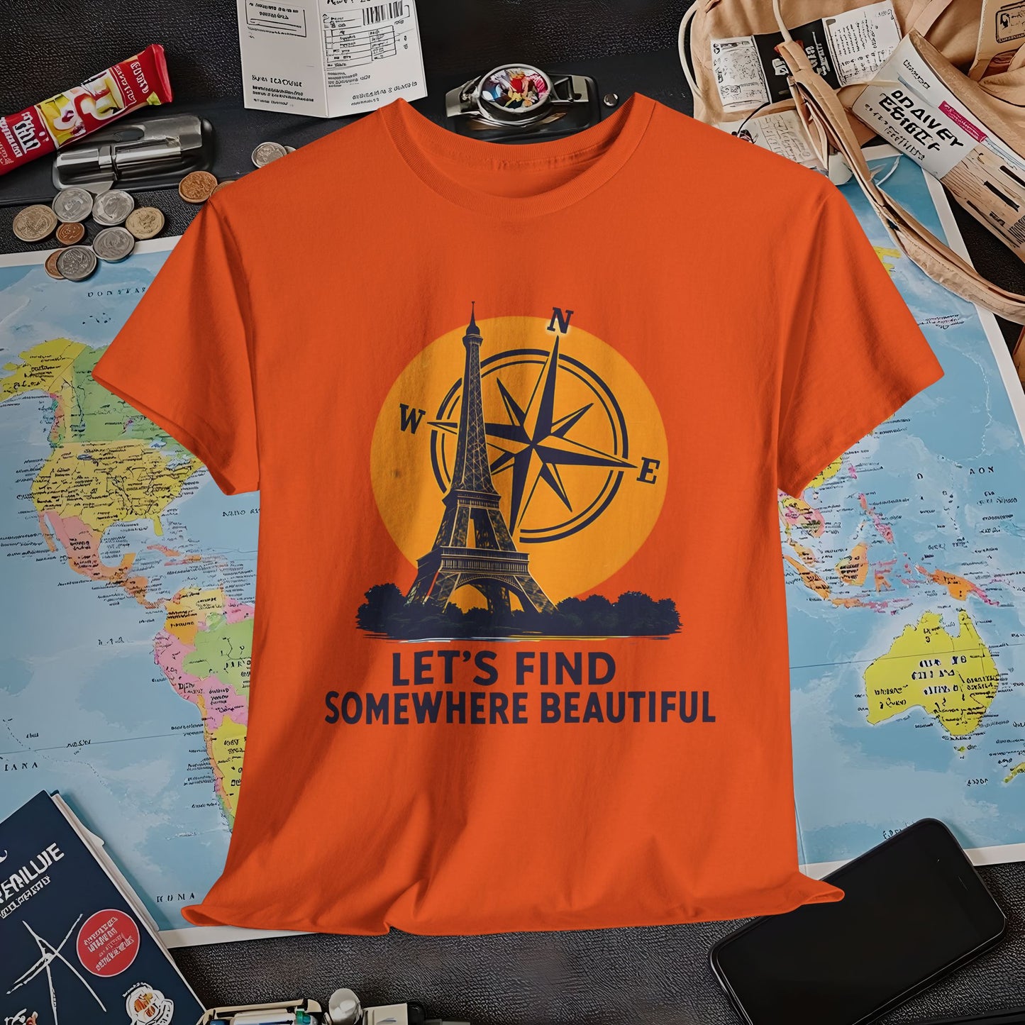 Eiffel Tower and Compass T-Shirt – Let’s Find Somewhere Beautiful Adventure Design Air Travel T-Shirts | Jetsetter, Airport, and International Flight Tees