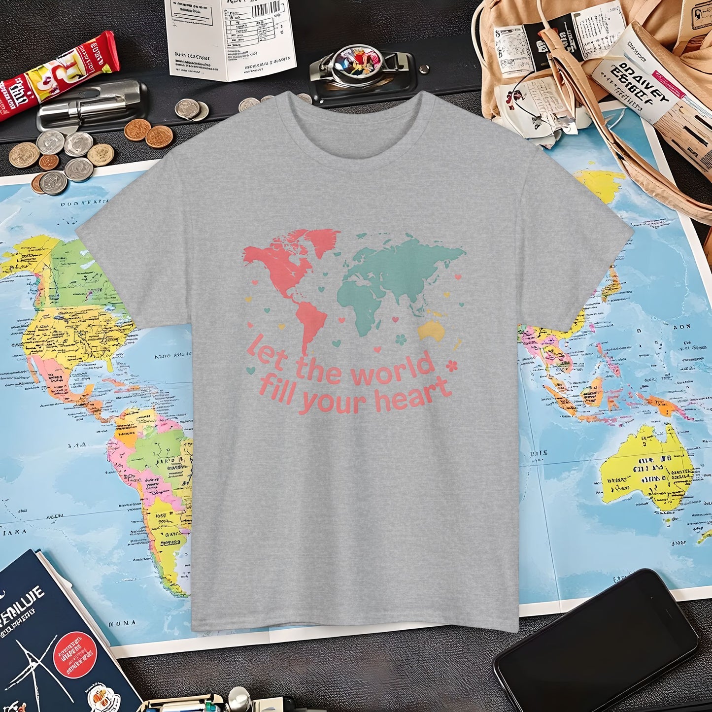 Let the World Fill Your Heart T-Shirt – World Map Adventure Design Air Travel T-Shirts | Jetsetter, Airport, and International Flight Tees