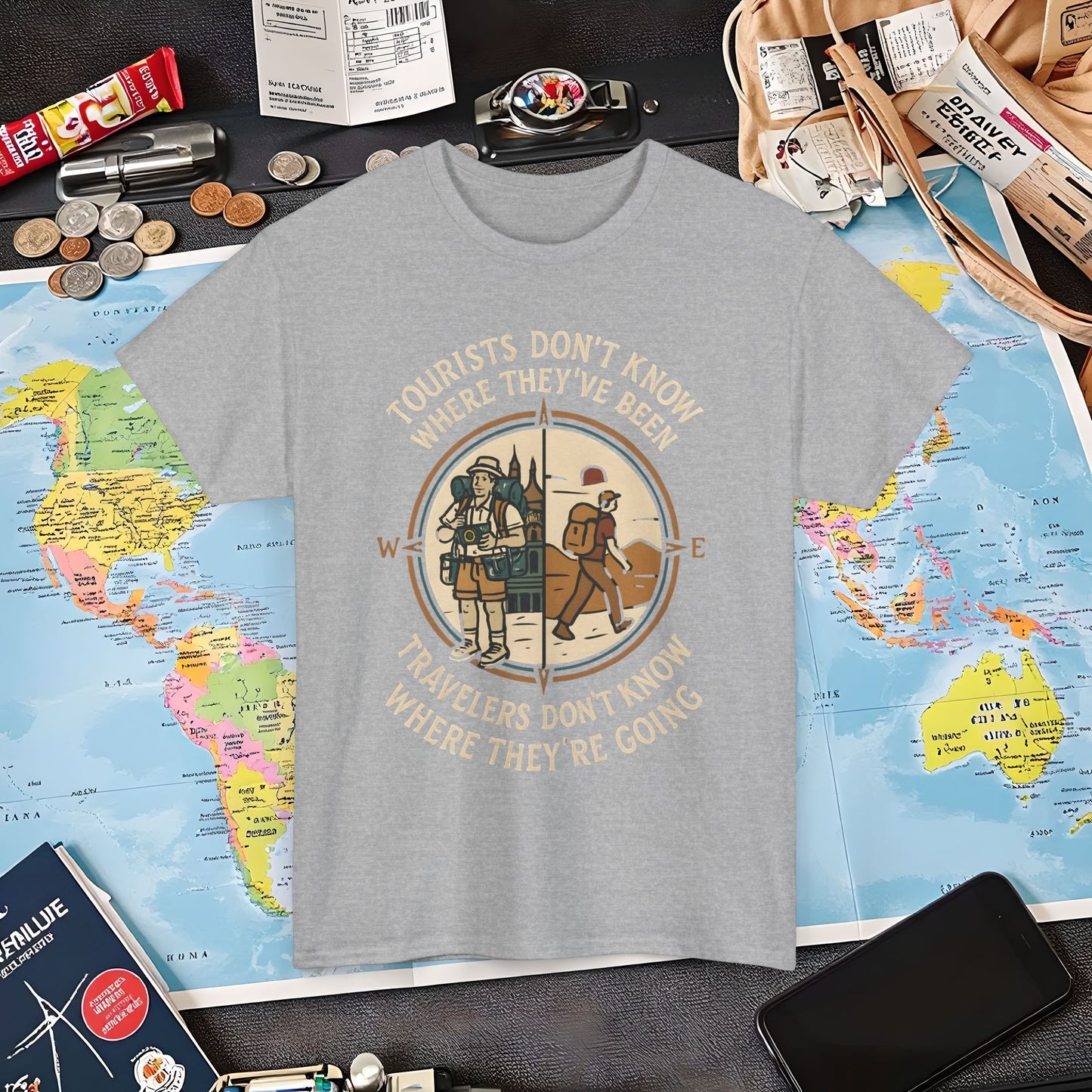 Tourists vs. Travelers – Vintage Compass Emblem Quote Tee | Layover Club Air Travel T-Shirts | Jetsetter, Airport, and International Flight Tees