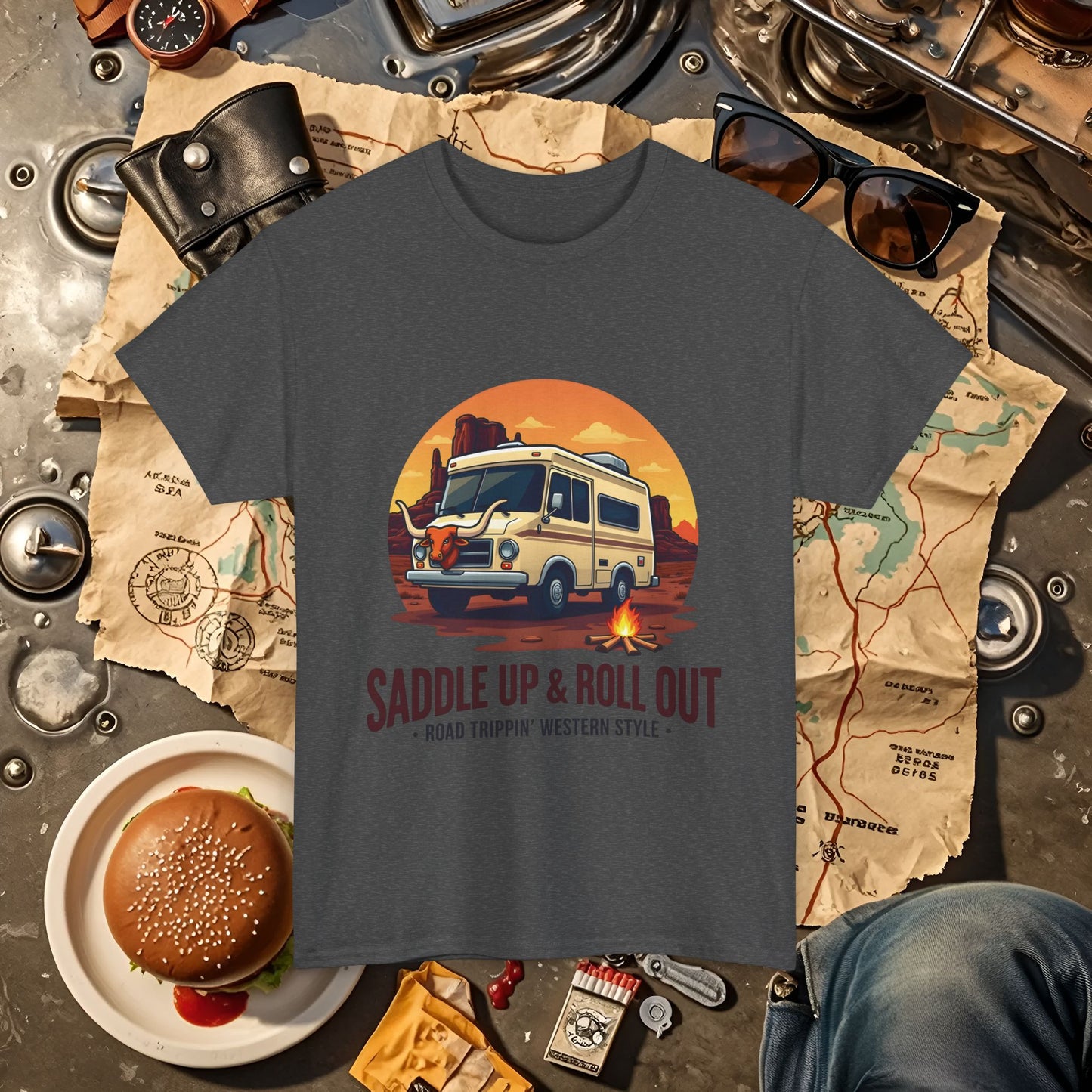 Saddle Up and Roll out Road Trip & Vehicle Travel T-Shirts | Car, RV, and Motorcycle Adventure Tees