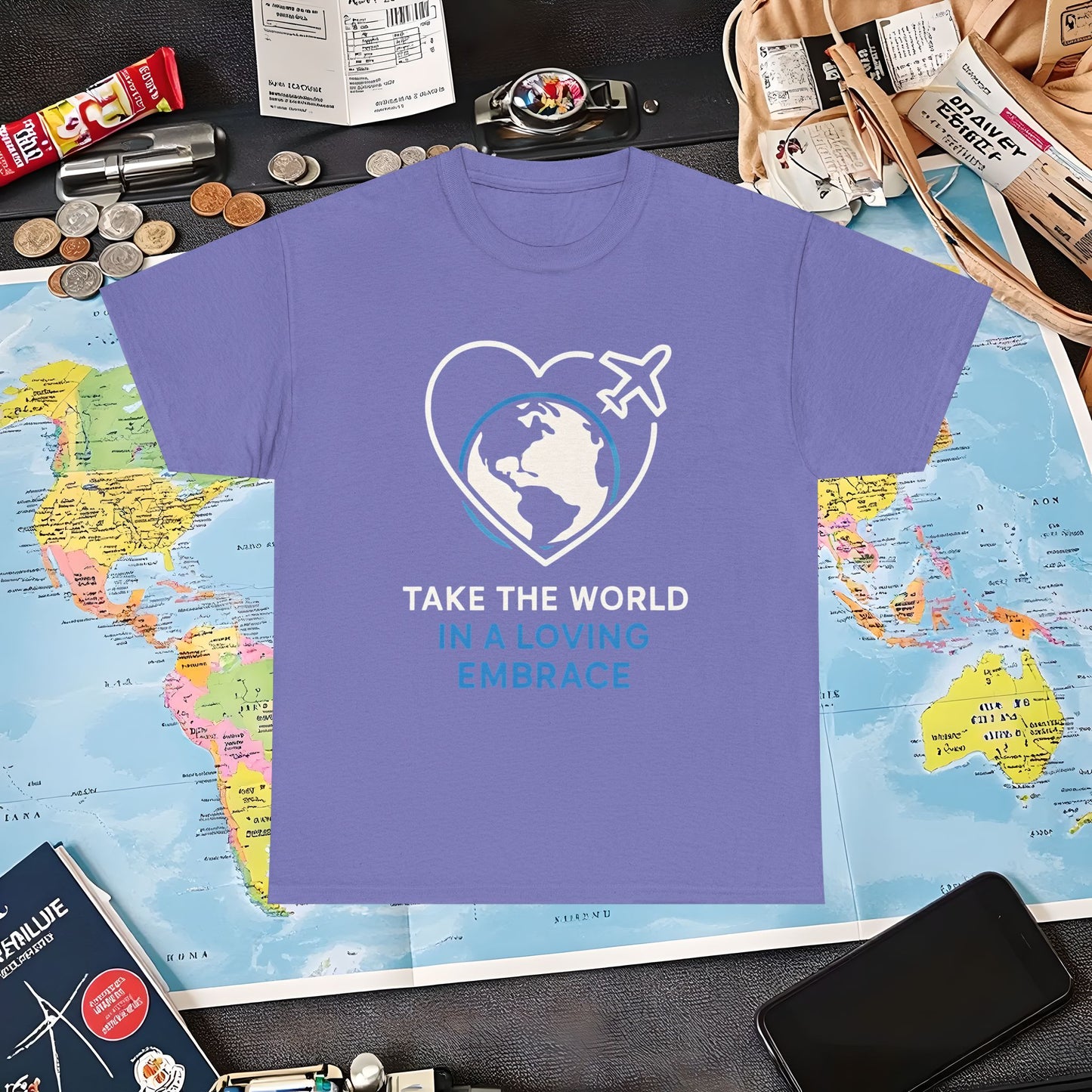Take the World in a Loving Embrace T-Shirt – Heart in Flight Over Globe Design Air Travel T-Shirts | Jetsetter, Airport, and International Flight Tees