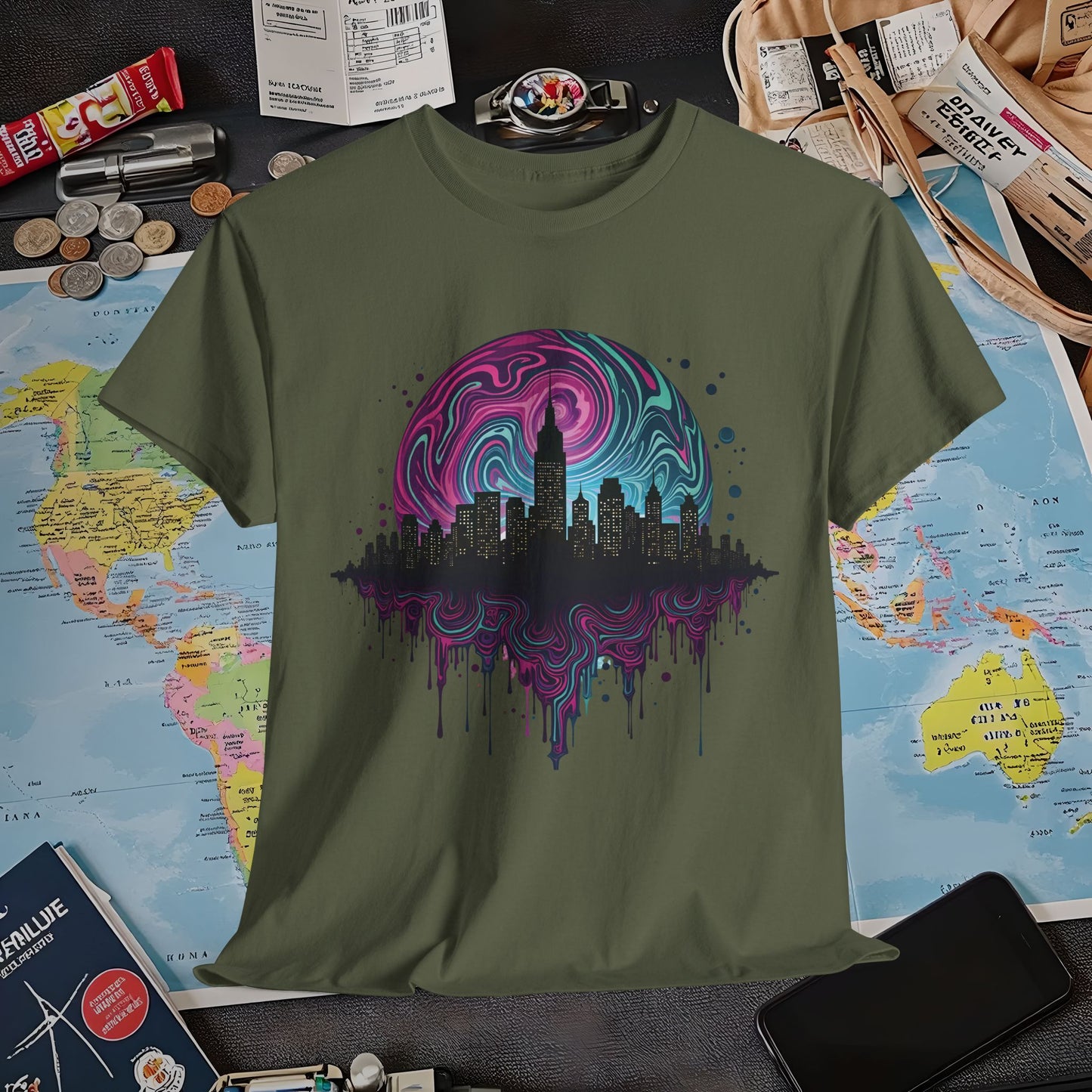 Psychedelic Skyline Air Travel T-Shirts | Jetsetter, Airport, and International Flight Tees