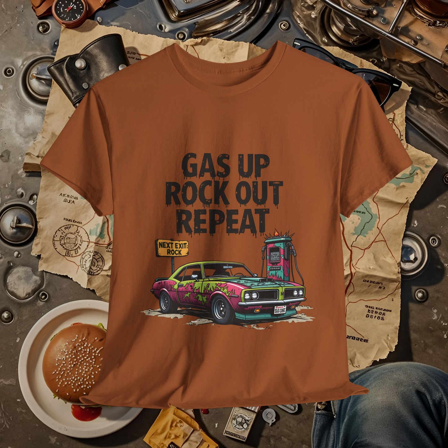 Gas Up, Rock Out and Repeat Road Trip & Vehicle Travel T-Shirts | Car, RV, and Motorcycle Adventure Tees
