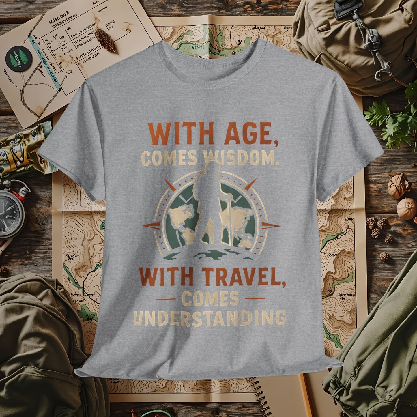 With Age Comes Wisdom, With Travel Comes Understanding Tee – Explorer Compass Design | Camping, Hiking, Rafting & Kayaking Tees for Nature Lovers