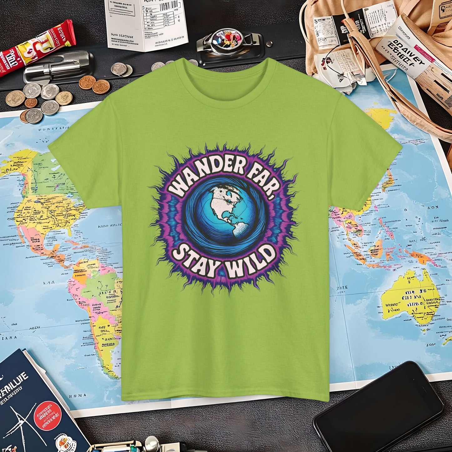 Wander Far, Stay Wild T-Shirt – Globe Burst Adventure Design Air Travel T-Shirts | Jetsetter, Airport, and International Flight Tees