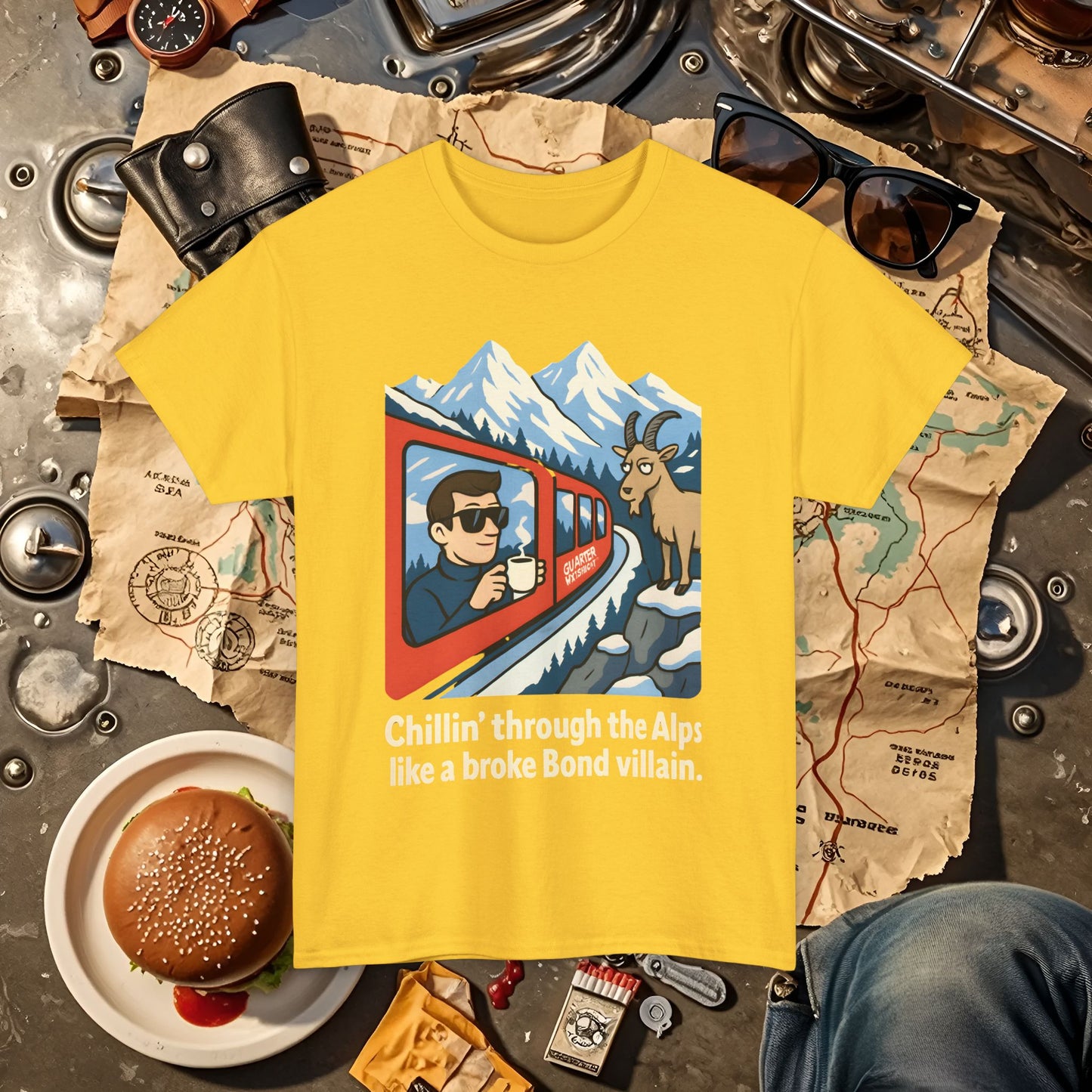 Glacier Express Chill Tee – Skeptical Goat in the Alps Vibe Road Trip & Vehicle Travel T-Shirts | Car, RV, and Motorcycle Adventure Tees