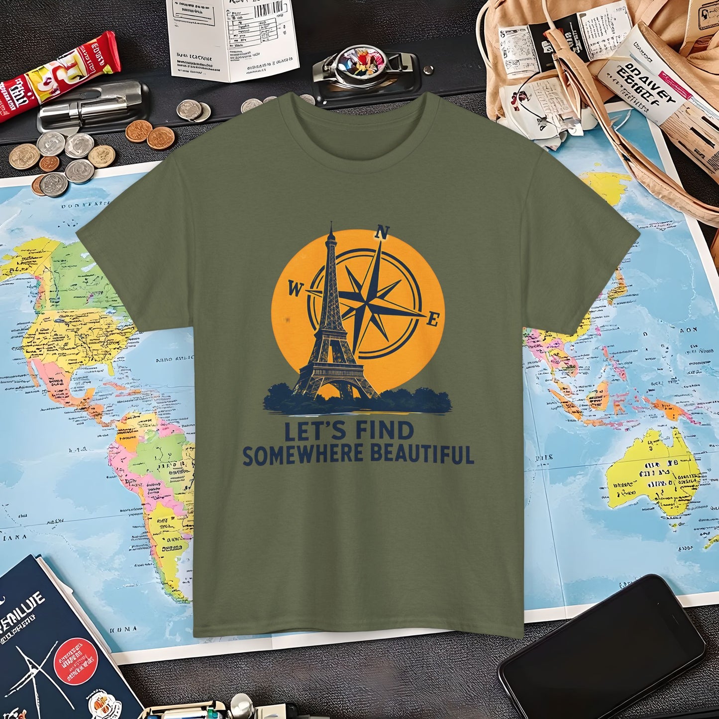 Eiffel Tower and Compass T-Shirt – Let’s Find Somewhere Beautiful Adventure Design Air Travel T-Shirts | Jetsetter, Airport, and International Flight Tees