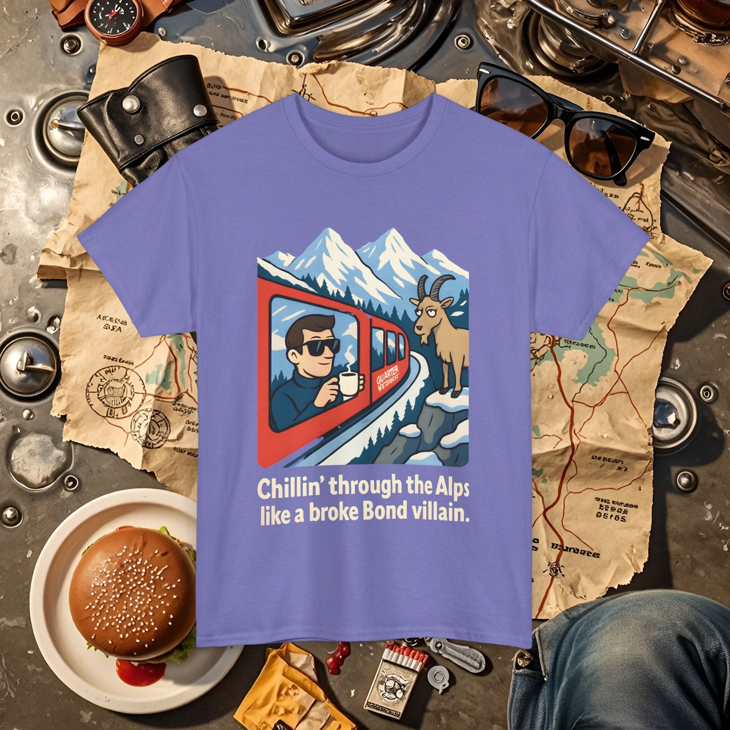 Glacier Express Chill Tee – Skeptical Goat in the Alps Vibe Road Trip & Vehicle Travel T-Shirts | Car, RV, and Motorcycle Adventure Tees