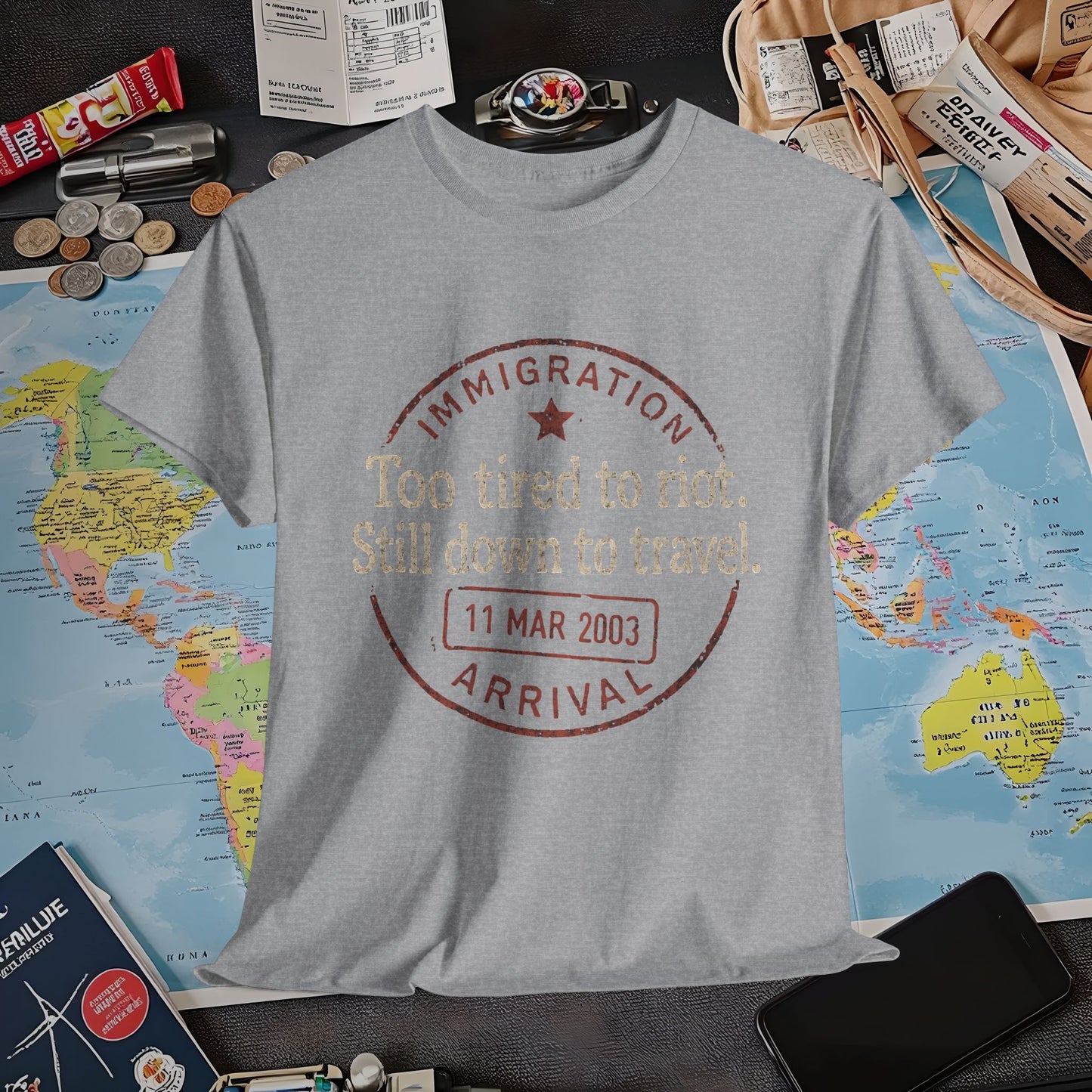 Too Tired to Riot, Still Down to Travel – Vintage Passport Stamp Travel Quote Tee Air Travel T-Shirts | Jetsetter, Airport, and International Flight Tees