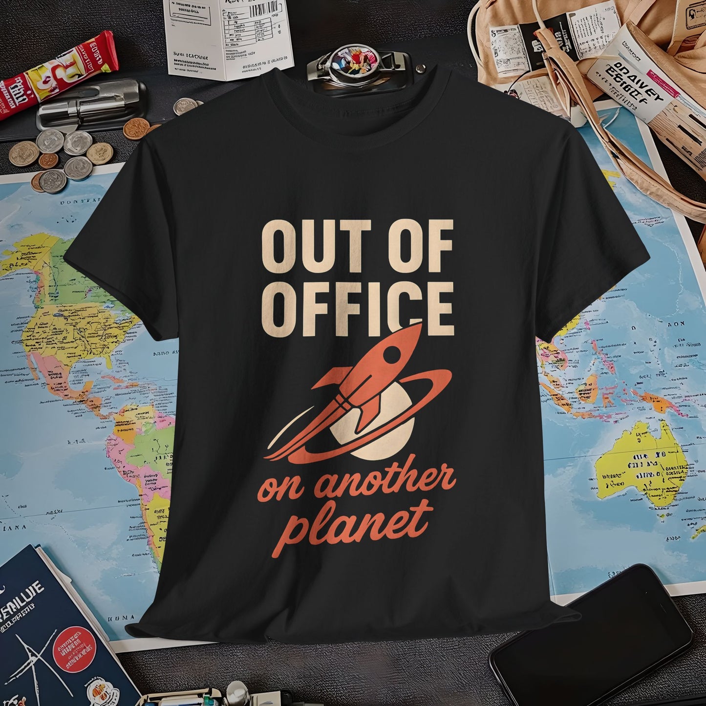Out of Office, On Another Planet – Retro Rocket Escape Tee Air Travel T-Shirts | Jetsetter, Airport, and International Flight Tees