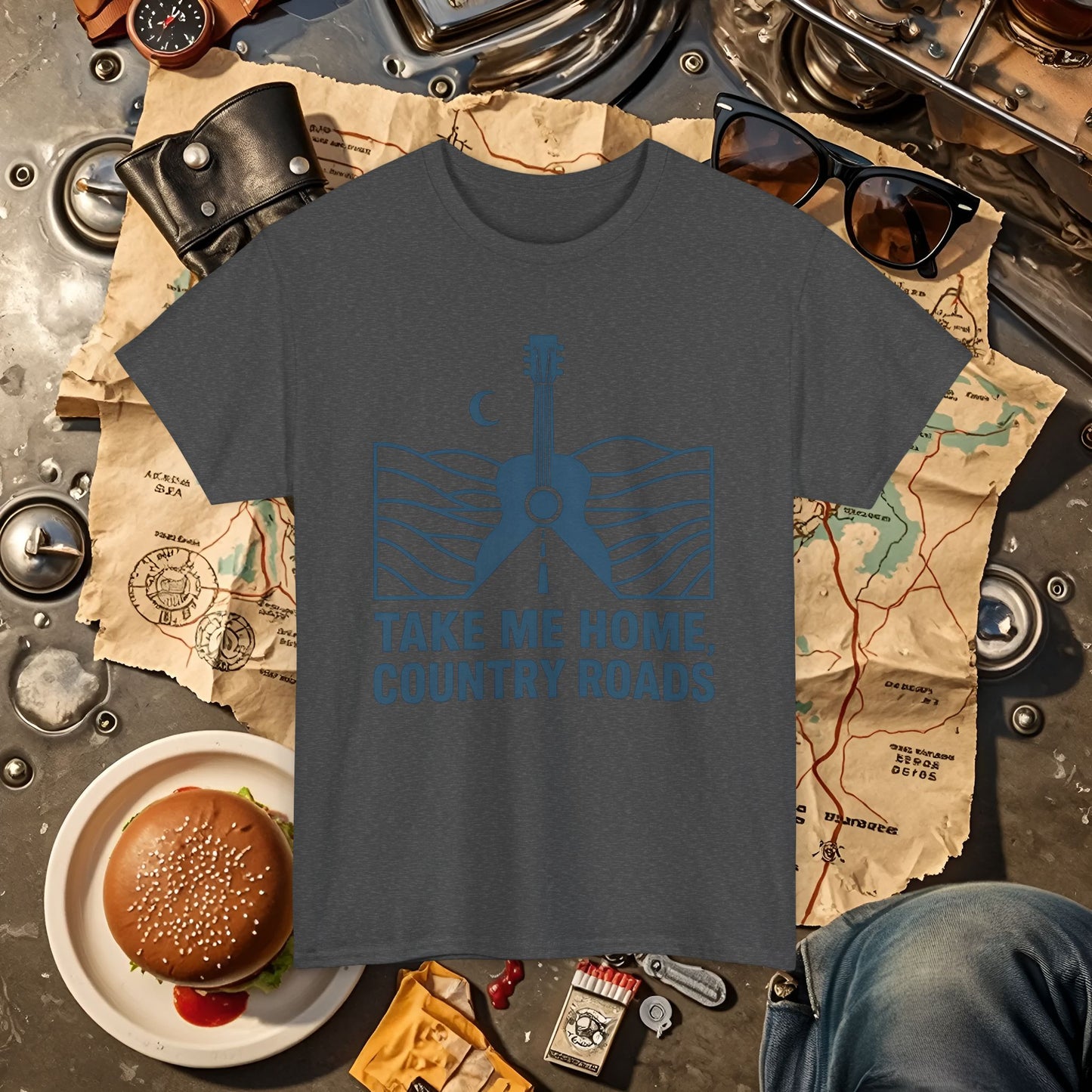Take Me Home, Country Roads T-Shirt – Guitar Horizon & Open Highway Design Road Trip & Vehicle Travel T-Shirts | Car, RV, and Motorcycle Adventure Tees